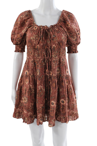 Ulla Johnson Women Mini Floral Brown Square Neck Short Sleeve Dress Size 0