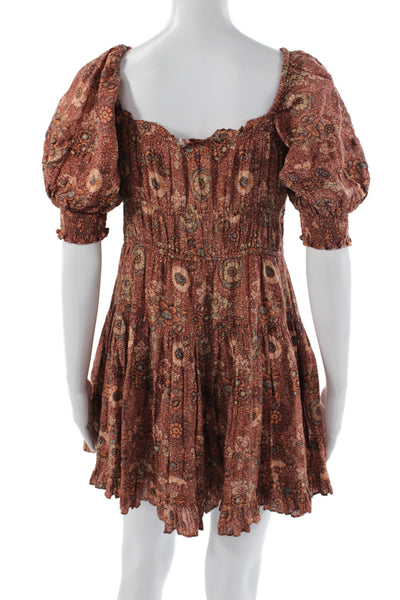 Ulla Johnson Women Mini Floral Brown Square Neck Short Sleeve Dress Size 0