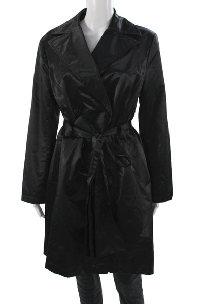 Adrienne Landau Womens Trench Coat Black Nylon Tie Waist Long Sleeve Size M