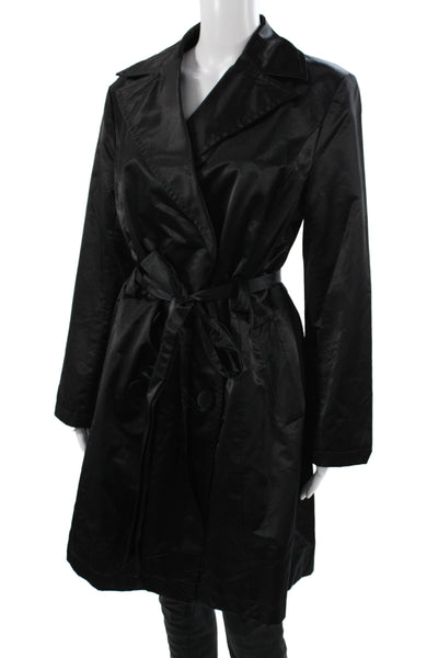 Adrienne Landau Womens Trench Coat Black Nylon Tie Waist Long Sleeve Size M