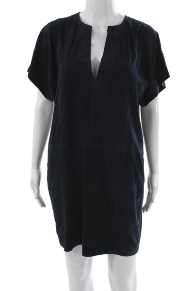 Vince Womens Shift Dress Black Leather V Neck Short Sleeve Pullover Size S