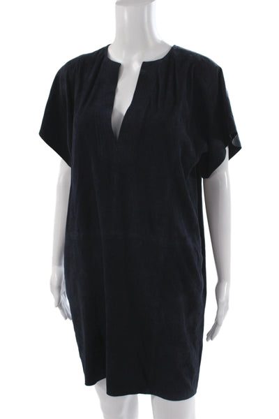 Vince Womens Shift Dress Black Leather V Neck Short Sleeve Pullover Size S