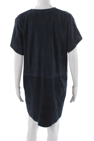 Vince Womens Shift Dress Black Leather V Neck Short Sleeve Pullover Size S