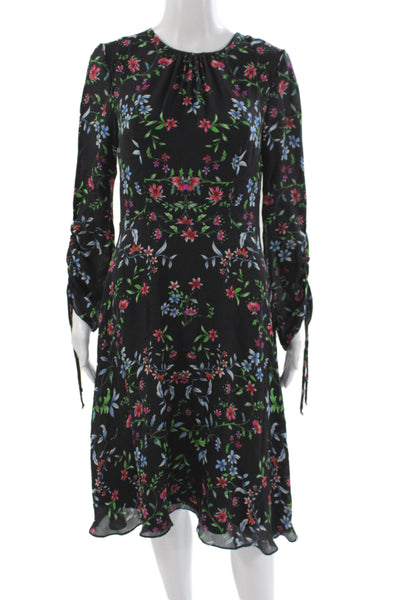 Milly Womens Shift Dress Black Floral Long Sleeve Round Neck Knee Length Size 4