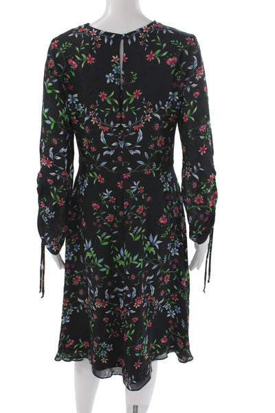 Milly Womens Shift Dress Black Floral Long Sleeve Round Neck Knee Length Size 4