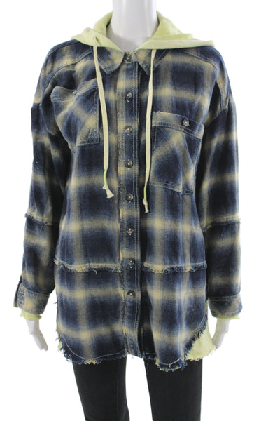 We The Free Women Blue Plaid Cotton Tunic Long Sleeve Button-Up Size XS