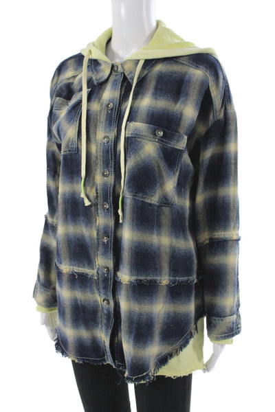 We The Free Women Blue Plaid Cotton Tunic Long Sleeve Button-Up Size XS