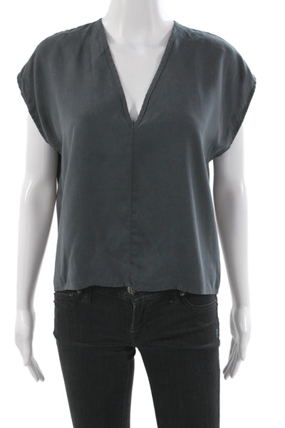 Designer Women Basic Gray V-Neck Tencel Blouse Short Sleeve Pullover Size S