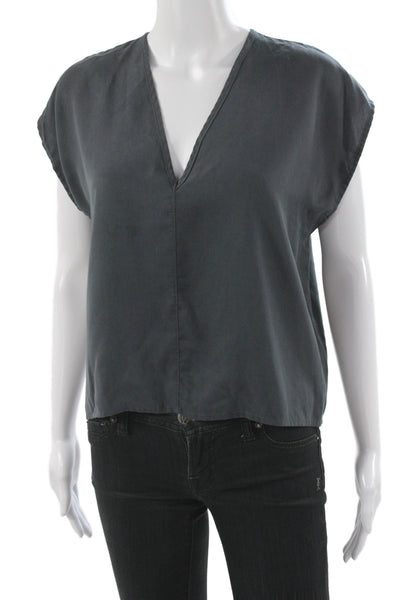 Designer Women Basic Gray V-Neck Tencel Blouse Short Sleeve Pullover Size S