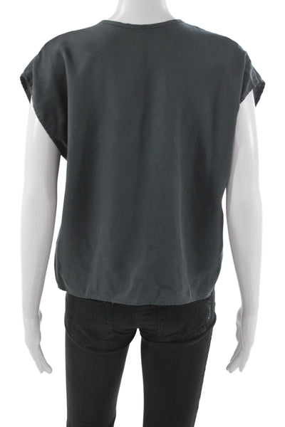 Designer Women Basic Gray V-Neck Tencel Blouse Short Sleeve Pullover Size S