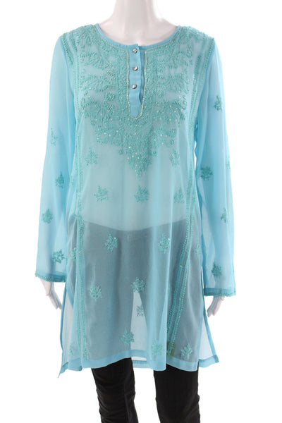 Graham Kandiah Womens Tunic Blouse Blue Linen Long Sleeve Round Neck Size M
