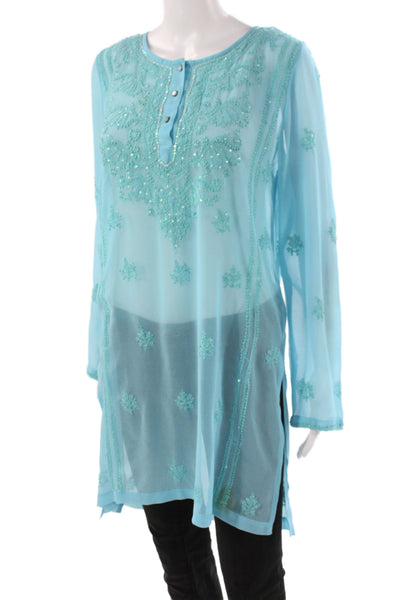 Graham Kandiah Womens Tunic Blouse Blue Linen Long Sleeve Round Neck Size M