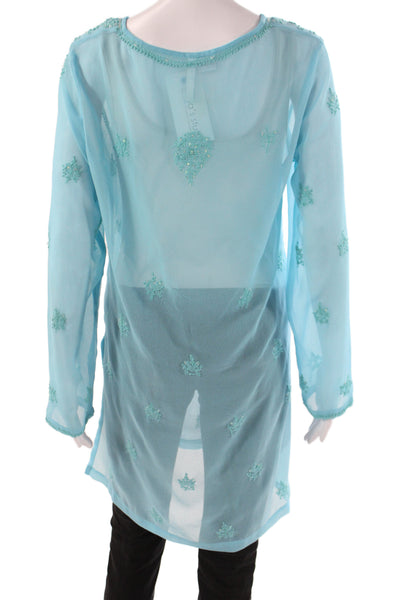 Graham Kandiah Womens Tunic Blouse Blue Linen Long Sleeve Round Neck Size M