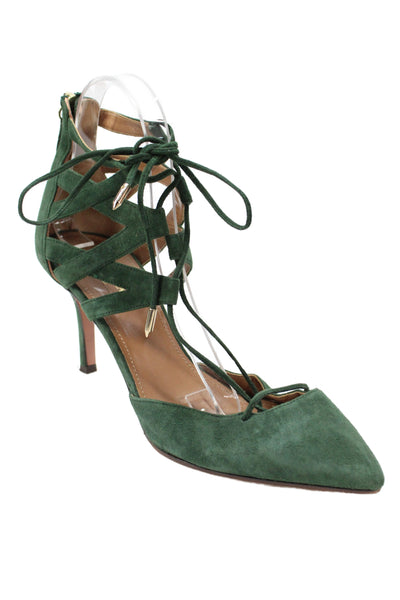 Aquazzura Womens Suede Pointed Toe Strappy Stiletto Heels Green Size EUR 39.5