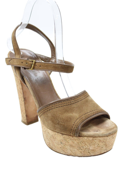 Gucci Womens Suede Open Toe Ankle Strapped Block Heels Brown Size EUR 38