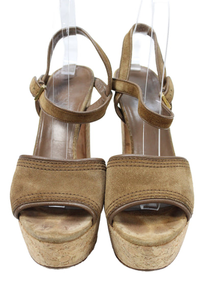 Gucci Womens Suede Open Toe Ankle Strapped Block Heels Brown Size EUR 38