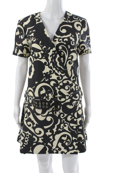 Louis Vuitton Women Mini Dress Black V Neck Wool Buckle Size 40