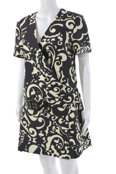 Louis Vuitton Women Mini Dress Black V Neck Wool Buckle Size 40