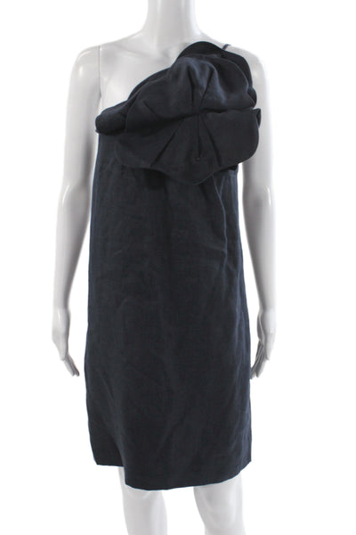Chloe Women Shift Dress Black One Shoulder Linen Sleeveless Micro Mini Size 40