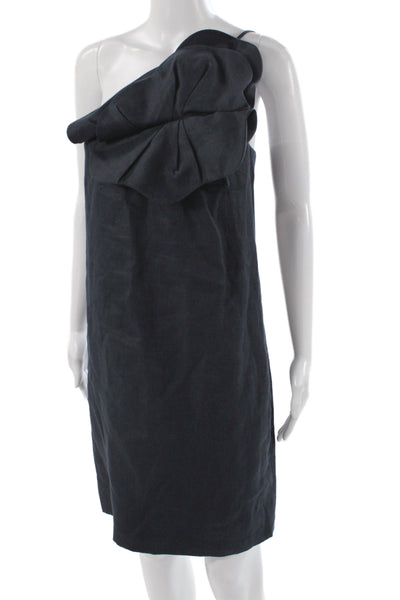 Chloe Women Shift Dress Black One Shoulder Linen Sleeveless Micro Mini Size 40