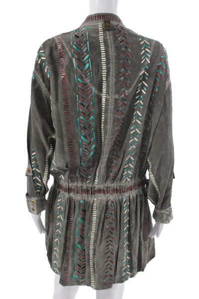 Louis Vuitton Womens Gray Silk Blend Bomber Jacket Geometric Buckle Size 44