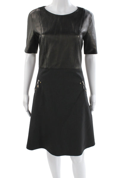 Louis Vuitton Women Sheath Dress Black Leather Knee Length Short Sleeve Size 42