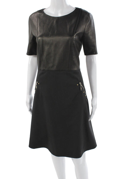 Louis Vuitton Women Sheath Dress Black Leather Knee Length Short Sleeve Size 42