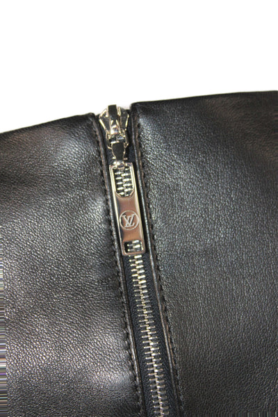 Louis Vuitton Women Sheath Dress Black Leather Knee Length Short Sleeve Size 42