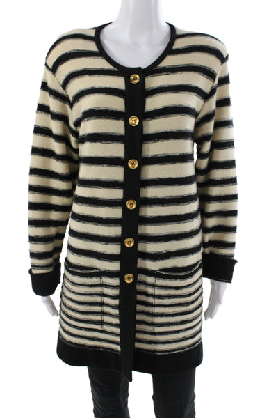Sonia Rykiel Women Cardigan Black Striped Long Sleeve Round Neck Wool Size 40