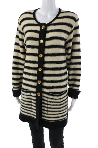 Sonia Rykiel Women Cardigan Black Striped Long Sleeve Round Neck Wool Size 40