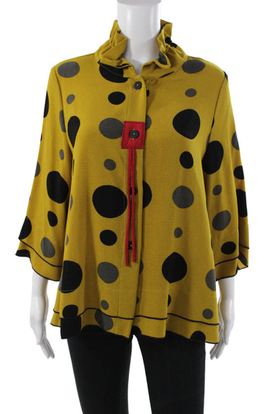 Moonlight Womens Tunic Button-Up Yellow Polka Dot 3/4 Sleeve High Neck Size S