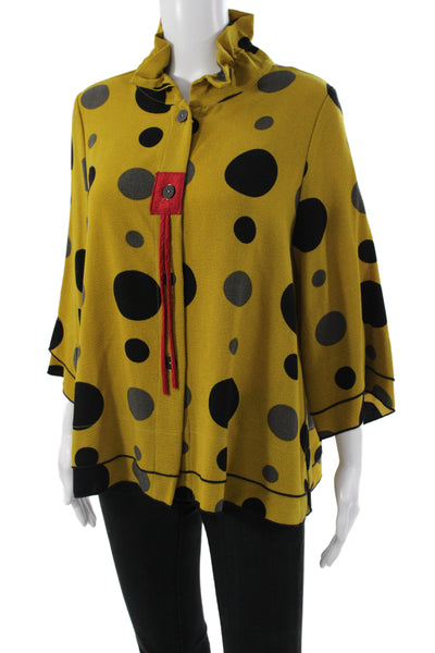Moonlight Womens Tunic Button-Up Yellow Polka Dot 3/4 Sleeve High Neck Size S