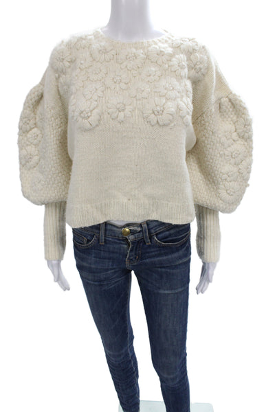 Ulla Johnson Womens Pullover Sweater Merino Wool Floral Crew Neck Ivory Size XS