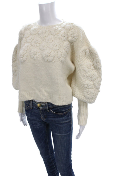 Ulla Johnson Womens Pullover Sweater Merino Wool Floral Crew Neck Ivory Size XS