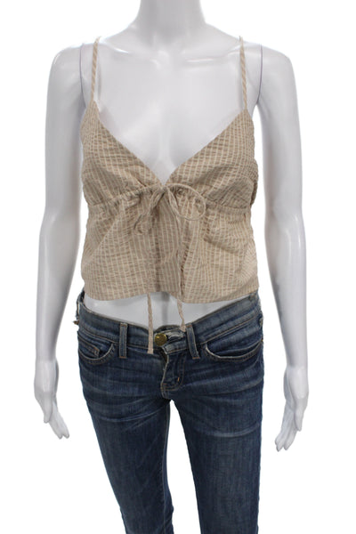 Zara Women Camisole Beige Striped V-Neck Cotton Sleeveless Summer Size S
