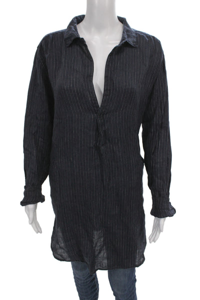 CP Shades Women Tunic Button Up Blue Striped Linen Collared Long Sleeve Size M
