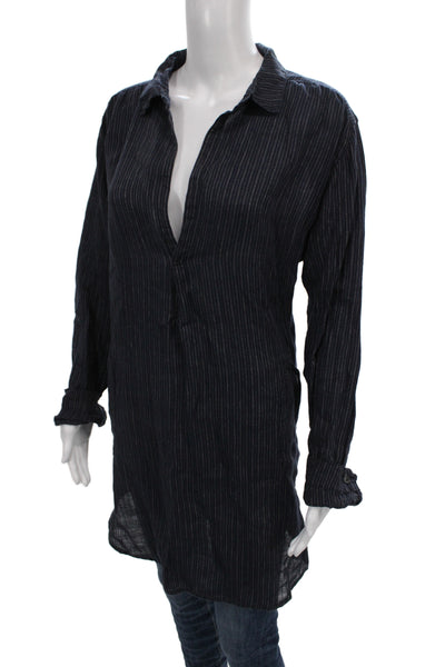 CP Shades Women Tunic Button Up Blue Striped Linen Collared Long Sleeve Size M