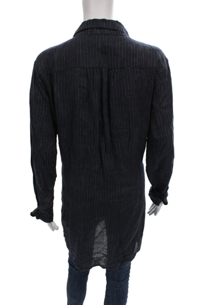 CP Shades Women Tunic Button Up Blue Striped Linen Collared Long Sleeve Size M