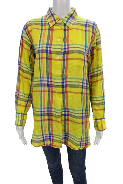 Lauren Ralph Lauren Womens Yellow Plaid Linen Tunic Button Up Size L
