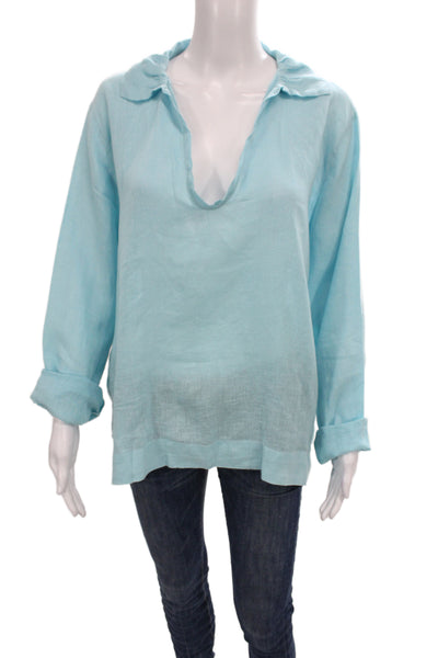 CP Shades Women V-Neck 100% Linen Tunic Blouse Long Sleeve Blue Size L