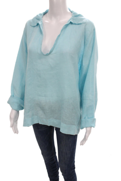 CP Shades Women V-Neck 100% Linen Tunic Blouse Long Sleeve Blue Size L