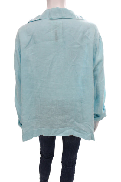 CP Shades Women V-Neck 100% Linen Tunic Blouse Long Sleeve Blue Size L