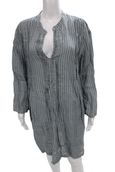 CP Shades Women Tunic Gray Striped V-Neck Linen Blend Long Sleeve Size L