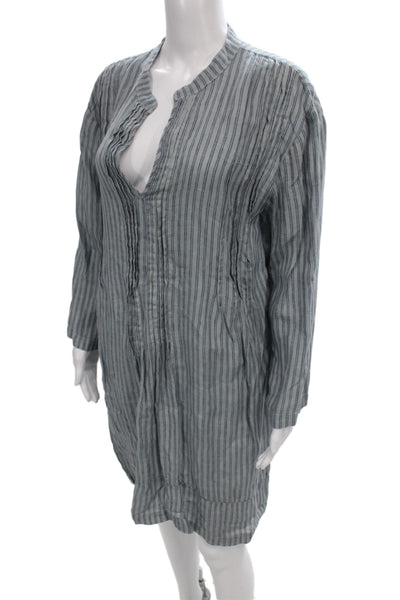 CP Shades Women Tunic Gray Striped V-Neck Linen Blend Long Sleeve Size L
