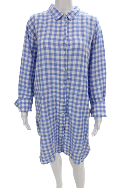 J Crew Womens Tunic Button-Up Blue Check Collared Long Sleeve Linen Size XL