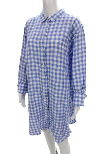 J Crew Womens Tunic Button-Up Blue Check Collared Long Sleeve Linen Size XL