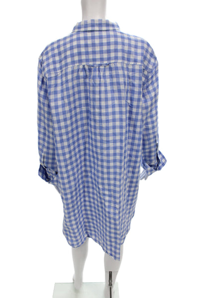 J Crew Womens Tunic Button-Up Blue Check Collared Long Sleeve Linen Size XL