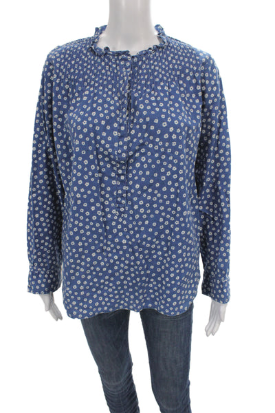 J Crew Women Blue Floral Linen Tunic Blouse Long Sleeve Button Size 8