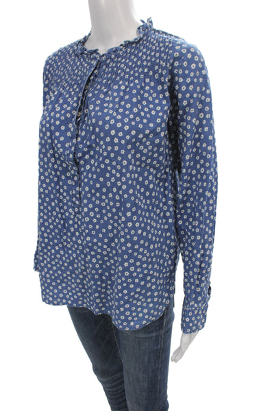 J Crew Women Blue Floral Linen Tunic Blouse Long Sleeve Button Size 8