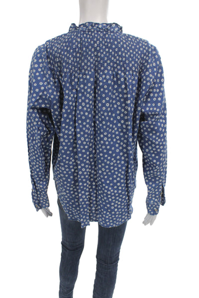 J Crew Women Blue Floral Linen Tunic Blouse Long Sleeve Button Size 8